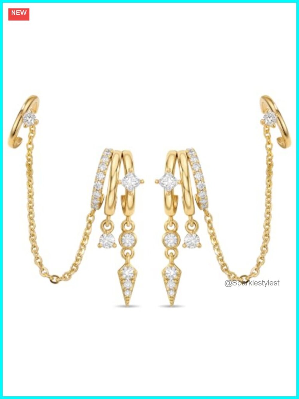 Triple Huggie Stacked Earrings Gold Chain Drop Dangle CZ